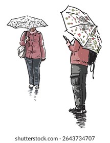 Sketch of two casual citizens  pedestrians under umbrellas, woman walking, man using phone, realistic hand drawn vector illustration isolated on white