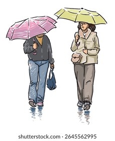 Sketch of two casual city women under umbrellas walking outdoors together in rain, realistic hand drawing, vector illustration