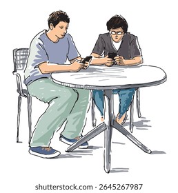 Sketch of two casual modern city men friends sitting at table in street cafe and looking at smartphones, realistic hand drawn vector illustration isolated on white