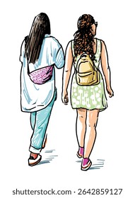 Sketch of two casual young city girls walking outdoors on summer day, realistic hand drawn vector illustration isolated on white