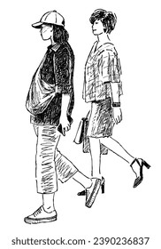 Sketch of two casual young modern city women walking down street on summer day