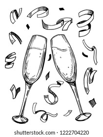 Sketch Of Two Champagne Glasses With Confetti. Hand Drawn Vector