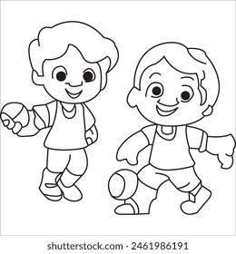 Sketch of two children playing ball. Great for coloring books, sports, cartoons etc