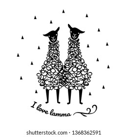 Sketch two cute alpacas.Hand-drawn vector illustration