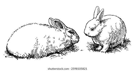Sketch of two cute fluffy white rabbits sitting in grass, realistic vector hand drawn illustration isolated on white