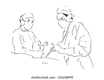 sketch two doctors operating. Vector illustration