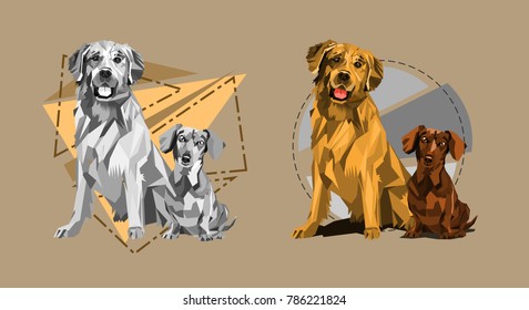 Sketch two dogs golden retriever and dachshund in two colors