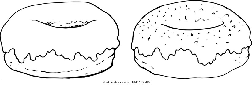 Sketch of two doughnuts in icing or cream on top side view . Vector illustration in Doodle style. Linear drawing of two delicious doughnuts isolated on a white background.