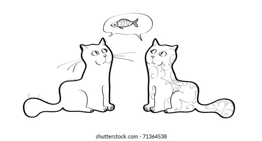 Sketch of two dreaming cats. A fast sketch of black color on a white background