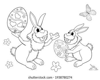 Esbozo de dos conejitos de Pascua. Huevos de Pascua. Bordes negros sobre un fondo blanco. Libro de colores para los niños. Dos pequeños conejitos.