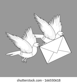 A sketch of two flying doves with a letter. Vector-art illustration on a grey background