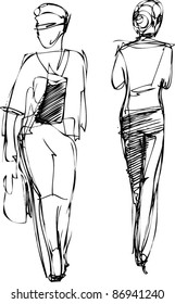 Sketch of two girls going in different directions