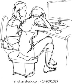 sketch two girls are at a table with a computer