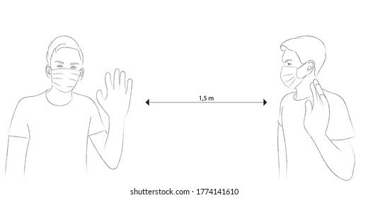 Un boceto de dos tipos con máscaras médicas que se saludan a distancia segura