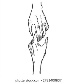 Sketch of two hands reaching to connect with reaching together communication partnership