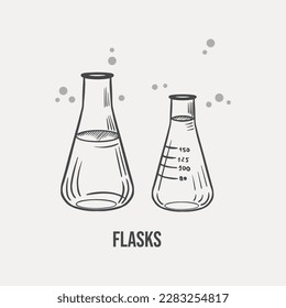 Sketch of two laboratory flasks for chemistry lessons, hand-drawn on a light background. Vector