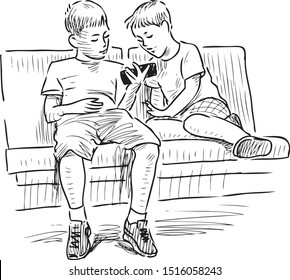 Sketch of two little boys with mobile phone sitting on sofa