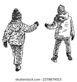 Sketch of two little children walking outdoors