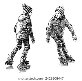 Sketch of two little school kids roller skating, black and white hand drawing isolated on white