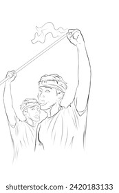 sketch of two male activists voicing enthusiasm, raising their hands and waving a white flag