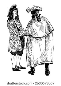 Esboço de dois homens em trajes históricos do século 18 em pé ao ar livre e falando, ilustração de contorno de vetor desenhado à mão realista