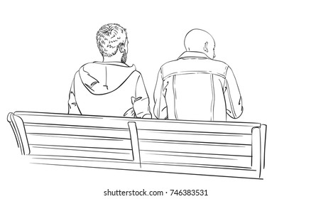 Sketch two men sit bench  View from behind  Hand drawn vector illustration isolated white background