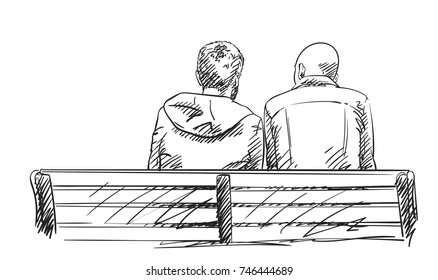 Sketch two men sit bench  View from behind  Hand drawn vector illustration and hatched shades isolated white background