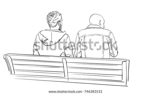 Sketch Two Men Sit On Bench Stock Vector (Royalty Free) 746383531