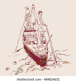 Sketch two men standing on the edge in a boat in the river and are kept in the hands of the paddle. Brown contour on beige background. Vector
