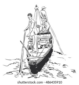 Sketch two men standing on the edge in a boat in the river and are kept in the hands of the paddle. Black contour isolated on white background. Vector