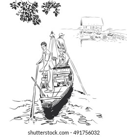 Sketch two men standing on the edge in a boat in the river and are kept in the hands of the paddle. Black contour isolated on white background. Vector