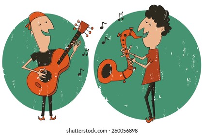 Sketch of two musician. Guitarist and sax player characters, vector illustrations.