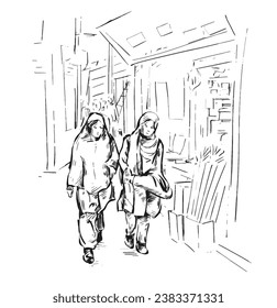 Sketch of two Muslim women walking at market