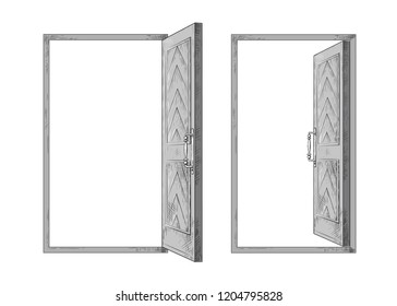 Sketch of two open doors. Hand drawn vector illustration. Isolated objects in vintage style.