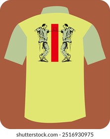 sketch of two person standing face to face with and rectangle red. combination with clothes of color gray and yellow on brown background - garment illustration vector graphic