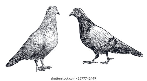 Sketch of two pigeon birds, realistic hand drawing, vector illustration isolatd on white