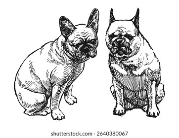Sketch of two purebred bull dogs sitting, pets, realistic hand drawing, vector illustration isolated on white