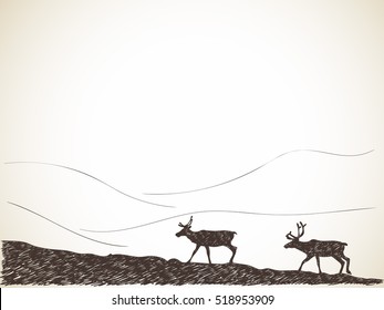 Sketch of two reindeer silhouette Hand drawn vector illustration