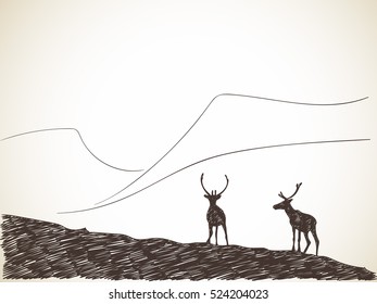 Sketch of two reindeer silhouette Hand drawn vector illustration