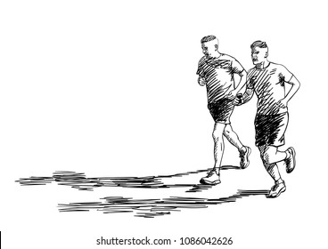 Sketch of two running men with hipster haircut and long shadow, Hand drawn vector illustration