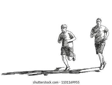 Sketch of two running men with long shadow, Hand drawn vector illustration