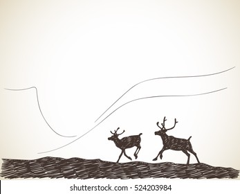 Sketch of two running reindeer silhouette Hand drawn vector illustration
