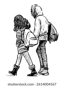 Sketch of two school children with backpacks walking together outdoors, realistic vector hand drawn illustration isolated on white