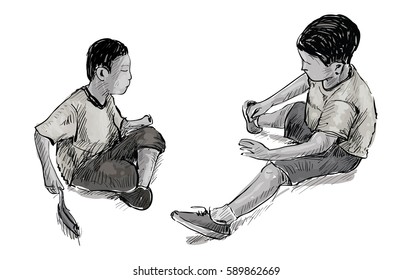 sketch of two small friends playing toys in sand at playground park isolated, illustration vector