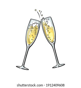 Sketch of two sparkling glasses of champagne. Merry Christmas, Happy New Year and Valentine's Day design element. Hand drawn vector illustration isolated on white background.