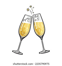 Sketch of two sparkling glasses of champagne. Merry Christmas, Happy New Year and Valentine's Day design element. Hand drawn vector illustration isolated on white background.