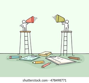 Sketch of two speakers. Doodle cute miniature scene of workers with loudspeakers. Hand drawn cartoon vector illustration for business design.