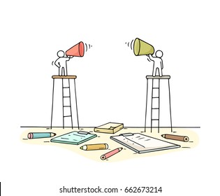 Sketch of two speakers. Doodle cute miniature scene of workers with loudspeakers. Hand drawn cartoon vector illustration for business design.