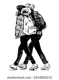 Sketch of two student girls with backpacks walking together outdoors, realistic vector hand drawn illustration isolated on white