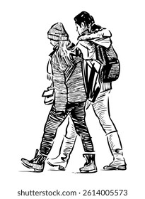 Sketch of two students with backpacks walking together outdoors, realistic vector hand drawn illustration isolated on white